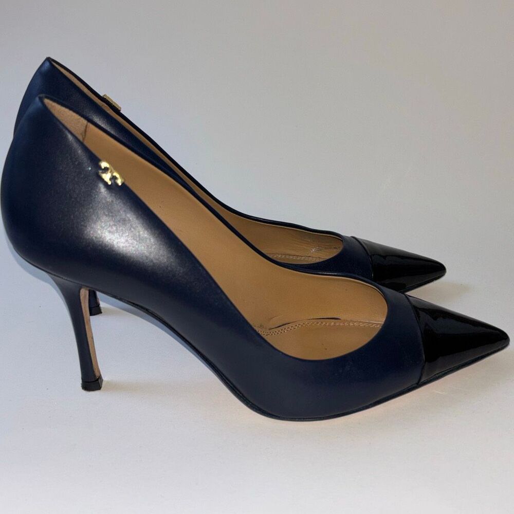 Tory Burch Penelope Pump Shoe Heel Navy Leather/black patent toe Sz 8 85mm EUC - Picture 5 of 9